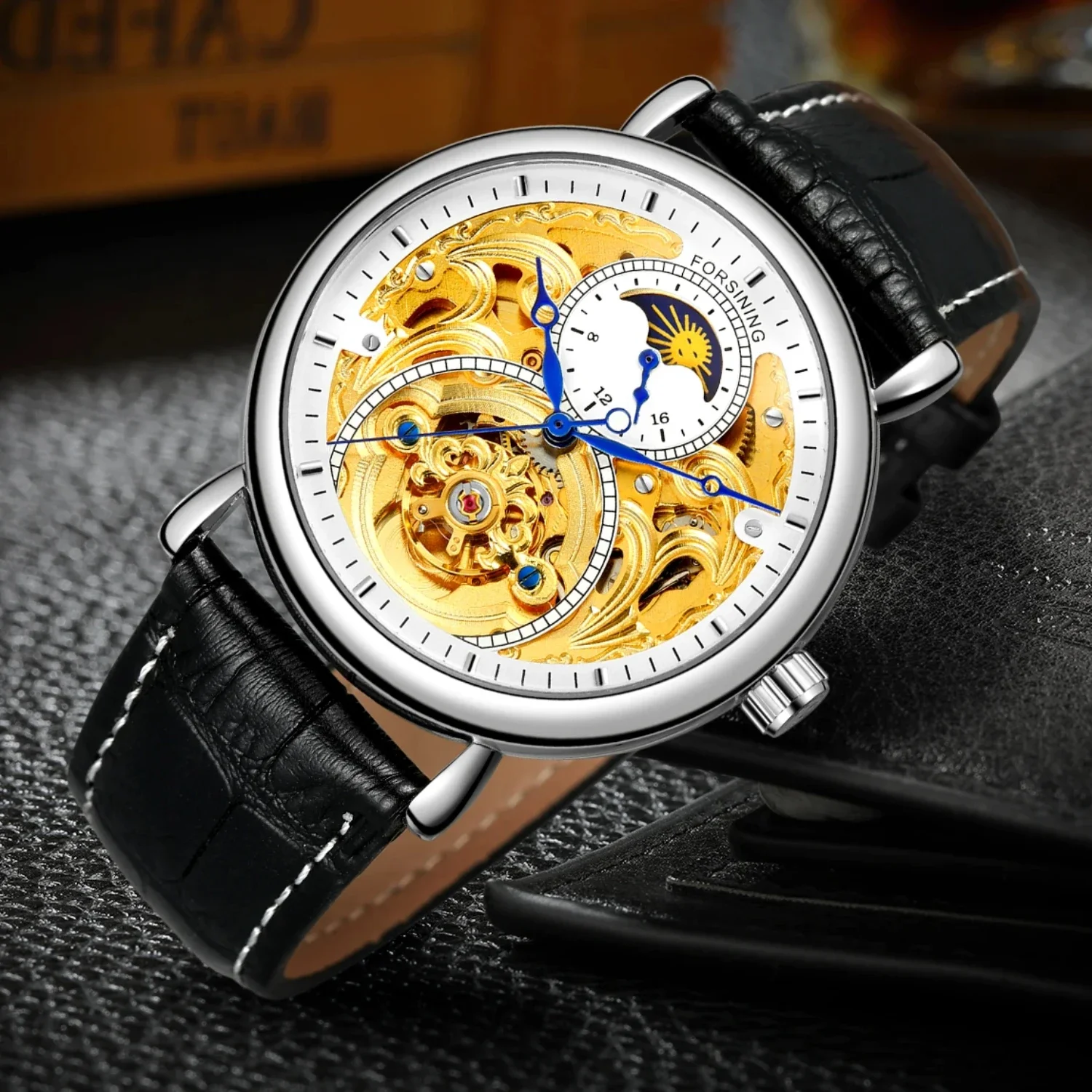 FORSINING 8177 Business Hollow Moon Phase Tourbillon Automatic Movement Luminous Waterproof Leather Watches for Man Reloj Hombre