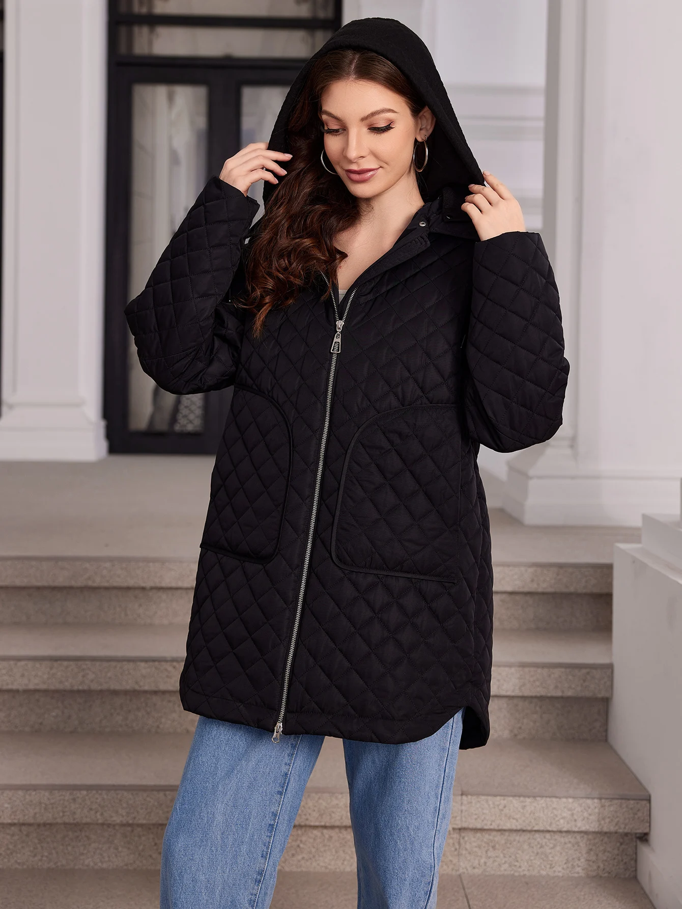 Cinemore-Chaqueta de plumón de longitud media para mujer, Parkas clásicas con cremallera, diseño de Bolsillo grande, cuello alto, abrigos delgados con capucha, 80363