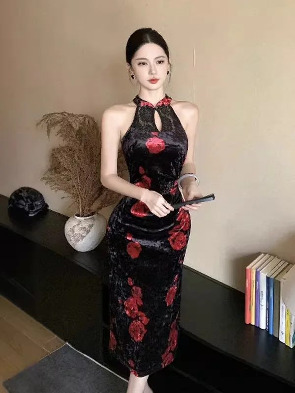 

Сексуальное облегающее платье с вырезами и принтом в стиле ретро, в китайском национальном стиле, для женщин, осень-зима