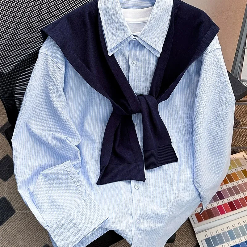 

Повседневная полосатая мужская свободная длинная све с искусственным дизайном из двух предметов, модная одежда для пар, весенне-осенняя сезонная одежда