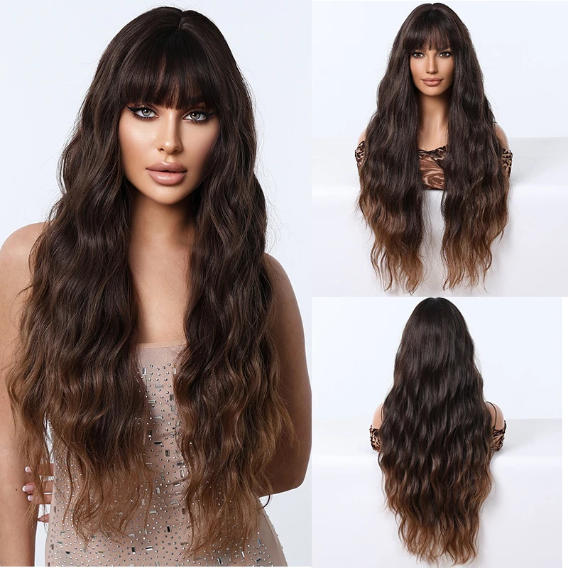 

with air bangs black-brown wavy long curly hair naturally fluffy synthetic fiber wig