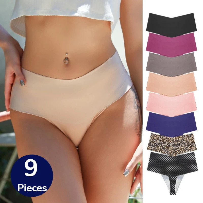 

TrowBridge 9PCS High Waist Women's Panties V-Cut Seamless Sexy Lingerie Leopard Thongs Silk Satin Underwear Sports G-Strings Hot