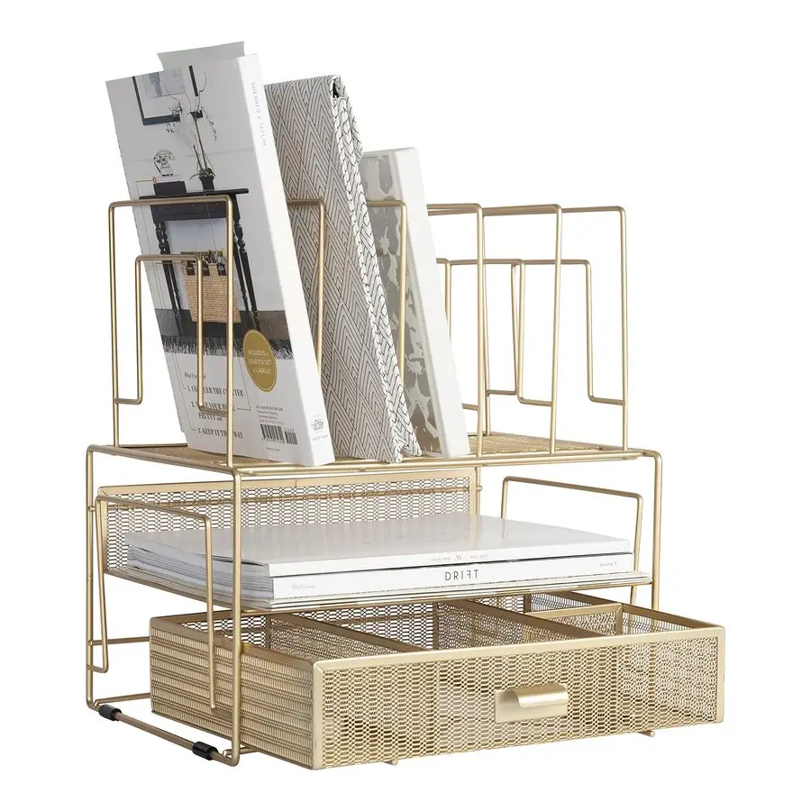 

Gold Desk Organizer With Drawer Metal Mesh File Holder amp Vertical File Organizer Desktop Storage for Office Supplies, Papers a