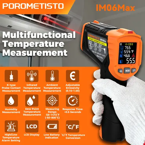 IM06Max 4-in-1 Digital Infrared Thermometer -50~800℃ Non-contact Laser Temperature Gun with K-Type Probe, Ambient Humidity, Dew Point, Adjustable Emissivity 12:1 D:S, Purple LED Light, High/Low Alarm for Industrial Cooking HVAC Mechanic Aquaculture