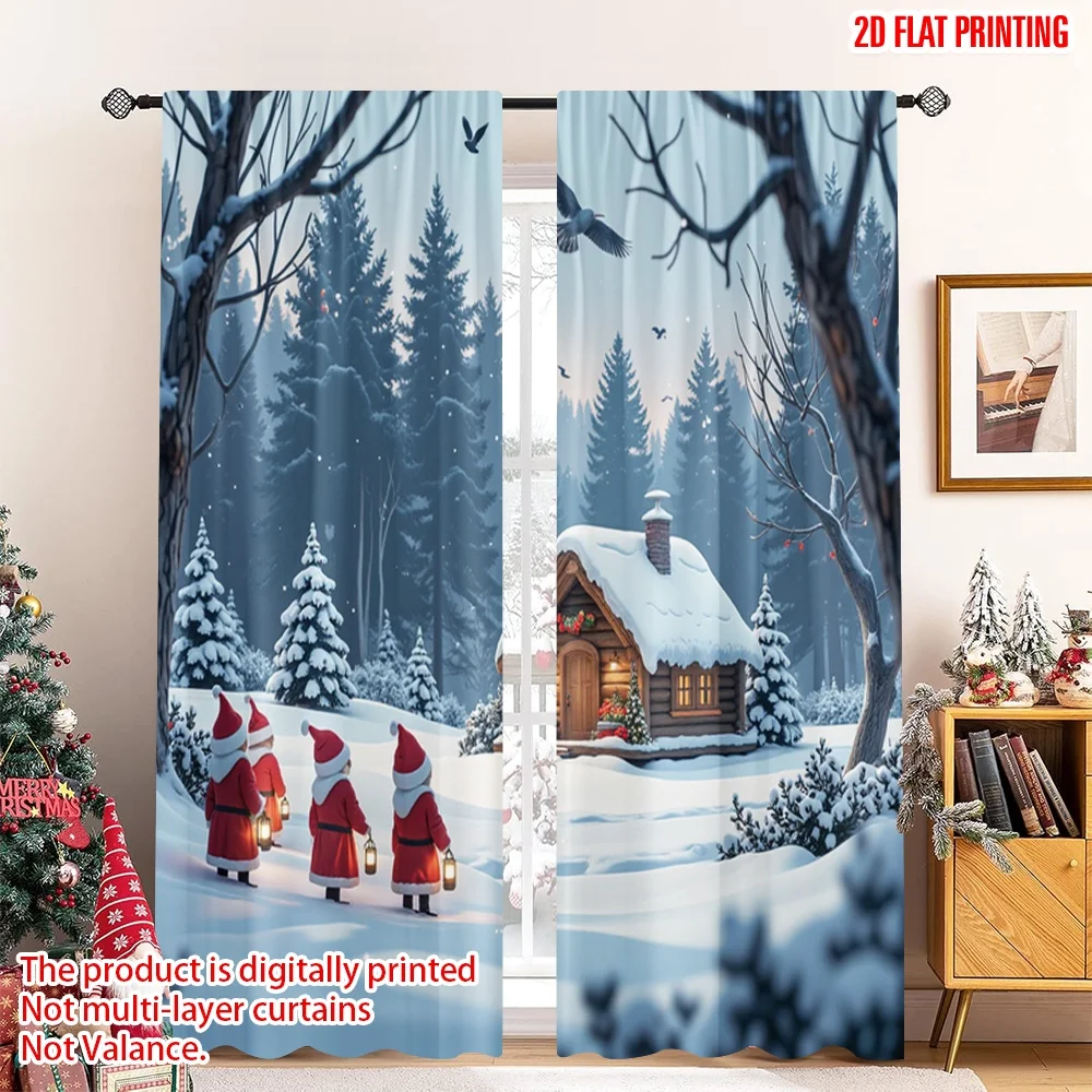 

2pcs 2D flat printing Merry Christmas Popular Party Window Curtains Winter Gnomes Forest Snowflakes Polyester Without