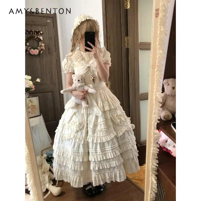 Origineel ontwerp zoete, zachte feeënstijl CLA-serie Lolita jurk schattige strikriem slanke midi-lengte JSK band lange jurk voor dames