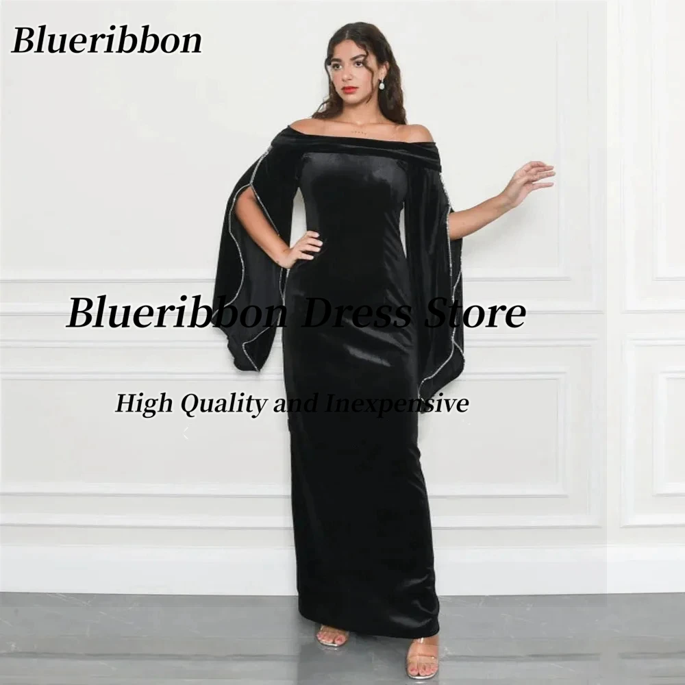 Blueribbon Customized Black Velour Prom Dresses Beading Long Sleeves Evening Gowns Zipper Back Slit Dress for Special Occasion