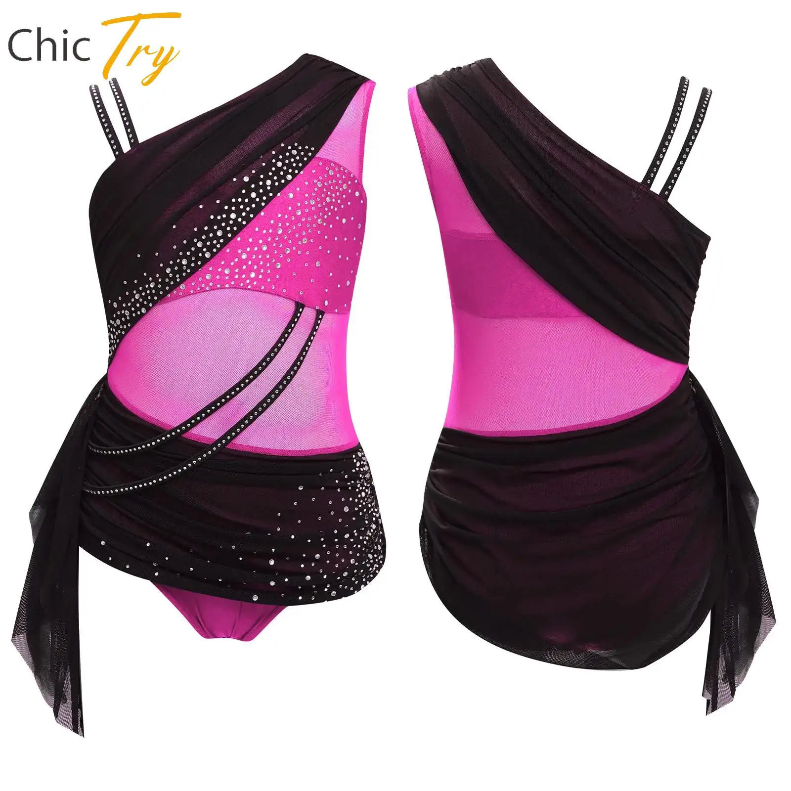 

Girls Lyrical Modern Dance Costume Figure Ice Skating Gymnastics Dancewear Asymmetrical Rhinestones Mesh Leotard Dress Beachwear