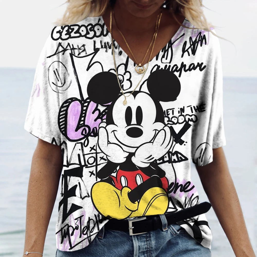 Woman Short Sleeve V Neck T Shirt Loose Summer Women\'s Clothing T-Shirts Disney Mickey Mouse Print T Shirt Oversize Pullover Top