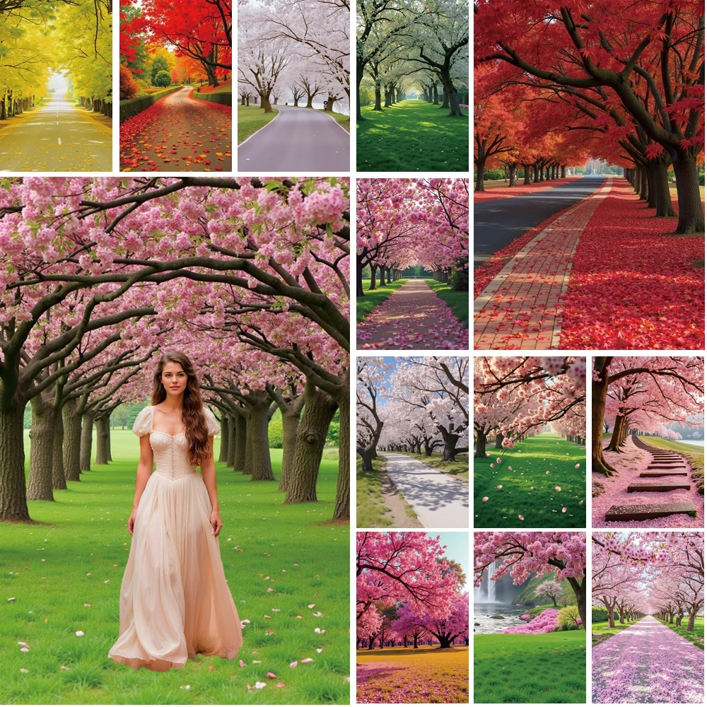 

MOON.QG Spring Path Trees Backdrop Flower Grass Sakura Backgrounds For Photographs Kids Photozone Accessories Birthday Decor