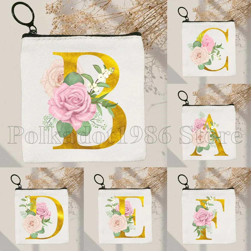

Monogram Gold Floral Initial Letter Wedding Gifts Alphabet Pink Flowers Canvas Coin Purse Bag Small Key Storage Bag Wallet Pouch