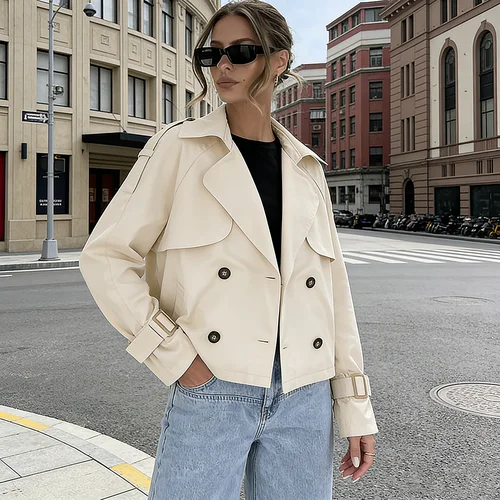 Imagen 1 del producto Gabardina de Mujer Otoño 2025 con Diseño de Cuello Exclusivo – Cruzada, Oversize, Corta, Manga Larga, Cortavientos Utilitario