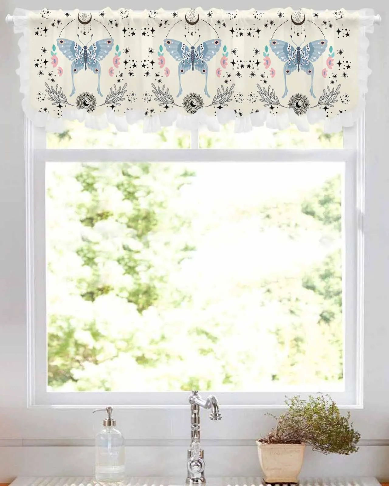 Bohemian Moon Stars Butterfly Short Tulle Half Curtains for Living Room Kitchen Door Cafe Window Sheer Valance Drapes