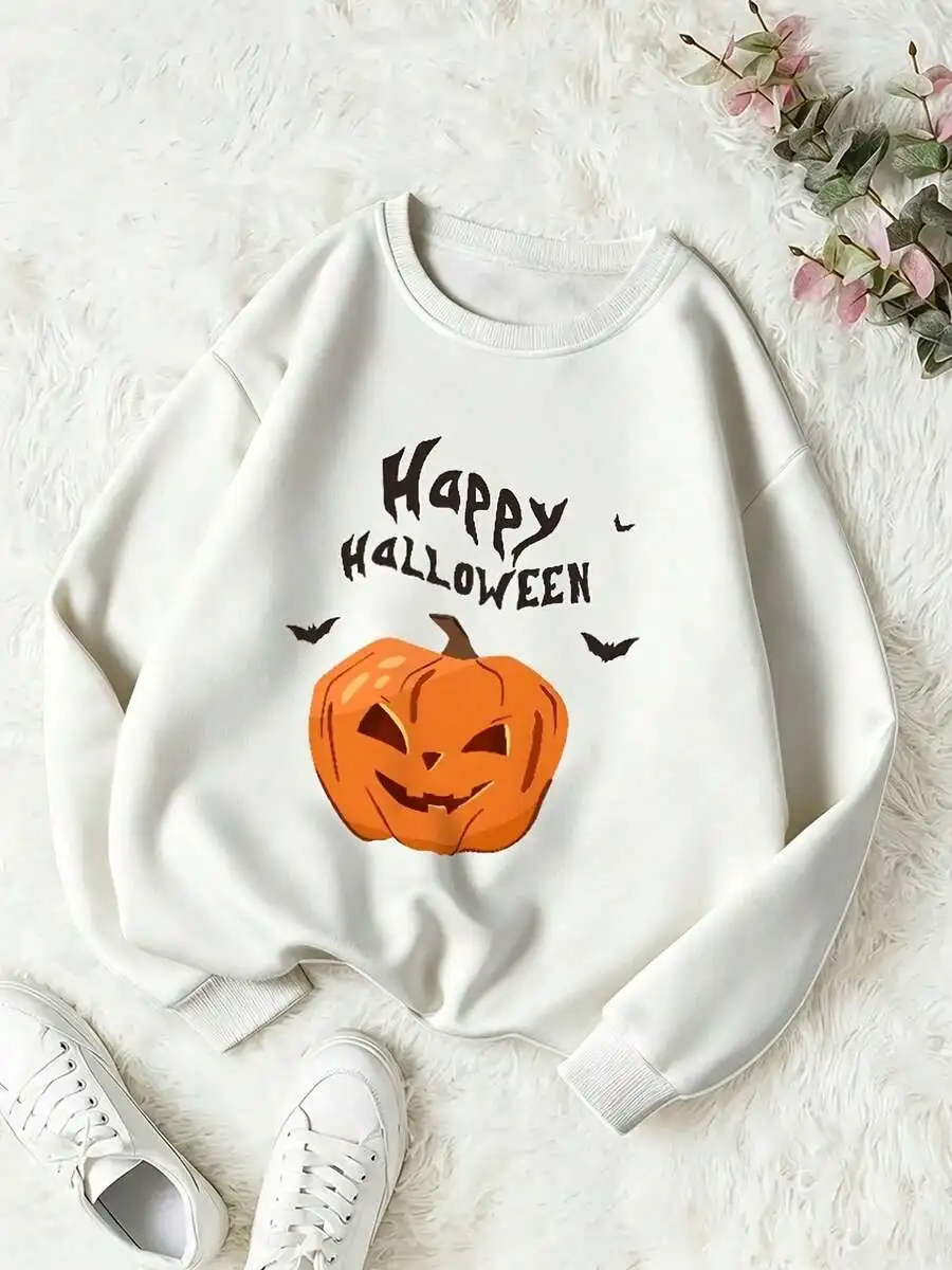 Happy Halloween Cute Pumpkin Bat Spooky Graphic Unisex Long Sleeve Tee, Casual Fall Festival Top For Women Men Halloween Festive Everyday Occasions