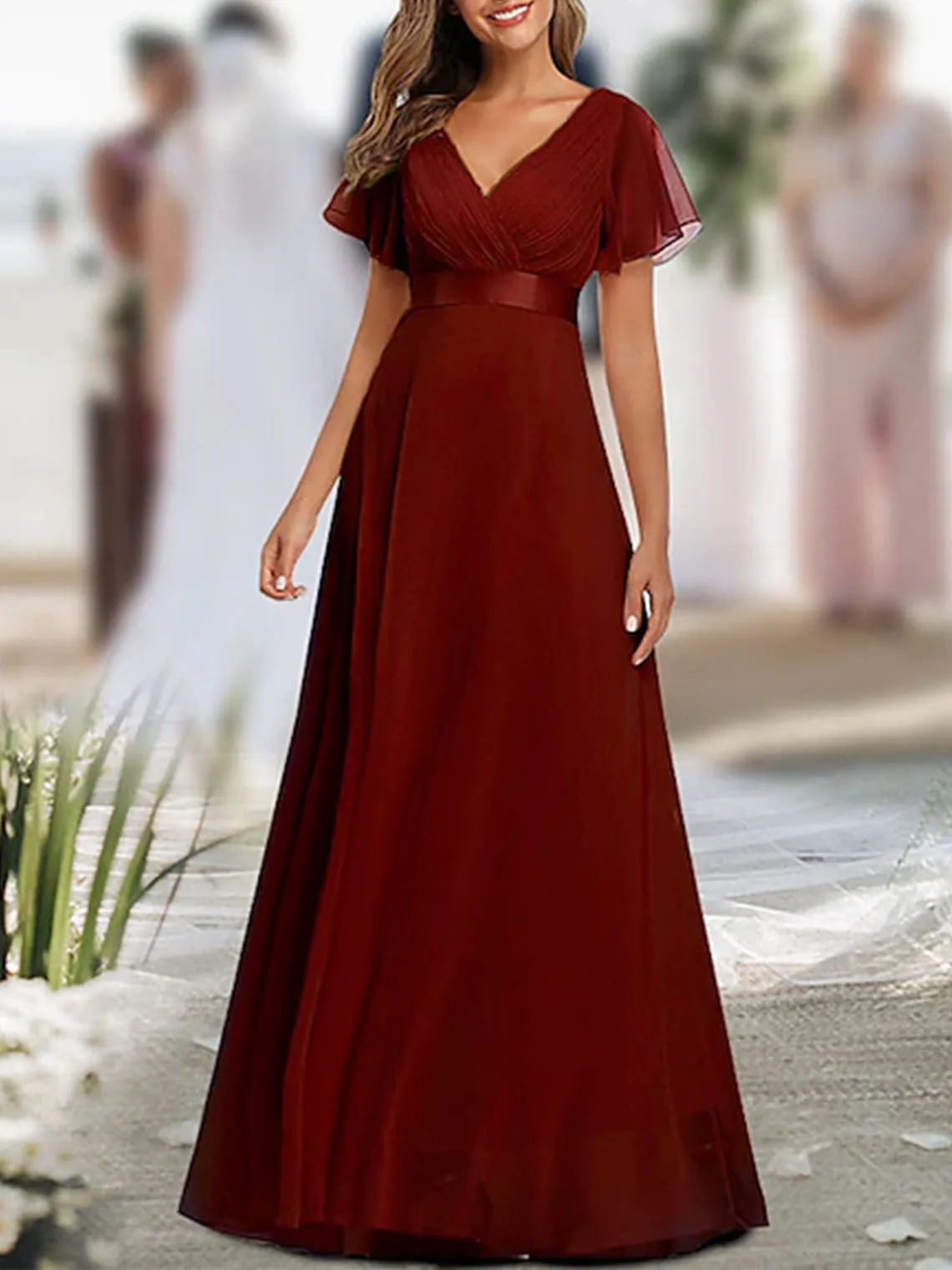 

V Neck Short Sleeve Wedding Guest Floor Length Chiffon Bridesmaid Dress Ruched Ruffle Formal Evening Dress 2025 free customized