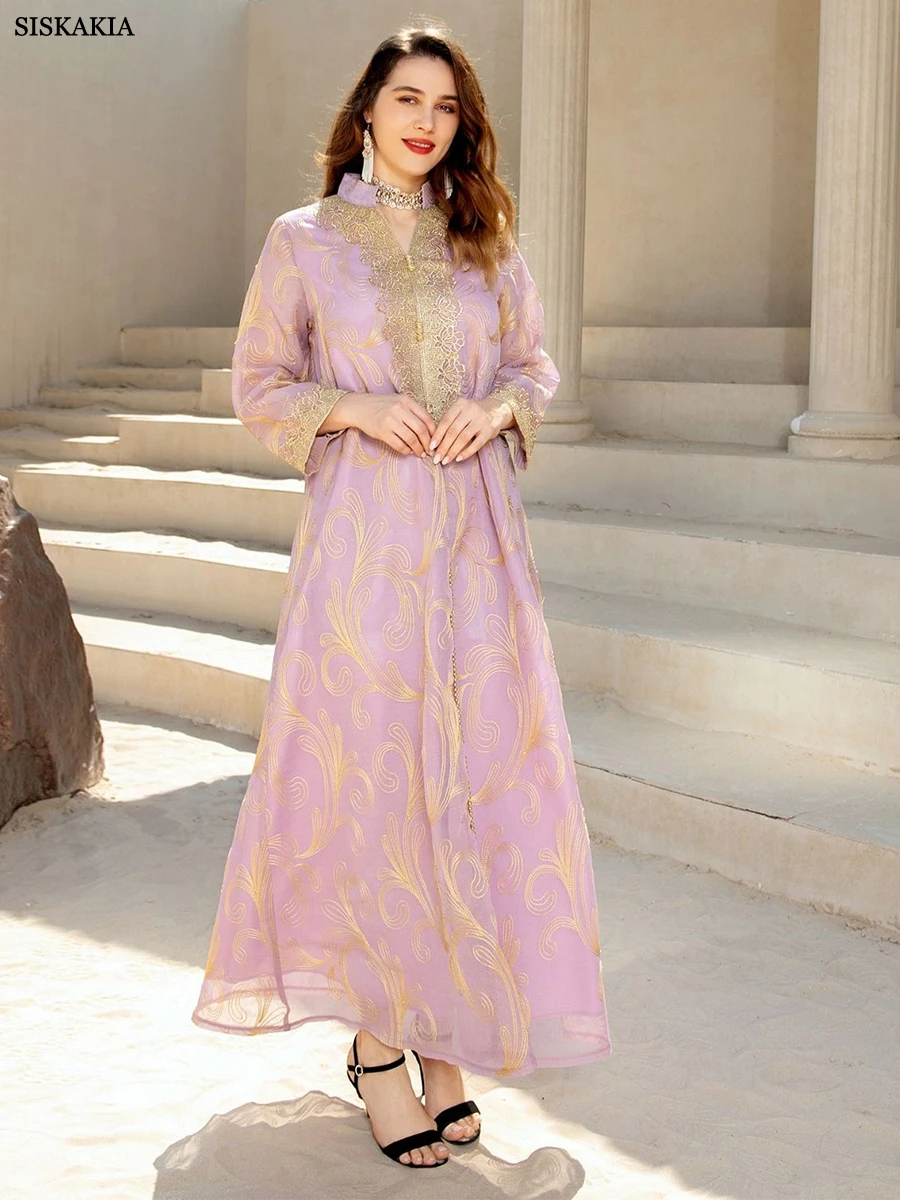 

Siskakia Arab Floral Embroidery Long Sleeve Lace Tape Notched V-Neck Casual Abaya Moroccan Caftan For Women Djellaba Dubai Dress