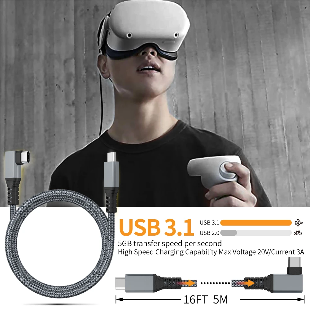 كابل شحن خط البيانات 5 متر لـ Oculus Quest 2 Pico 4 PS5 ملحقات الكمبيوتر USB 3.2 نوع C كابل ربط الشاحن لـ Meta Quest 3 VR