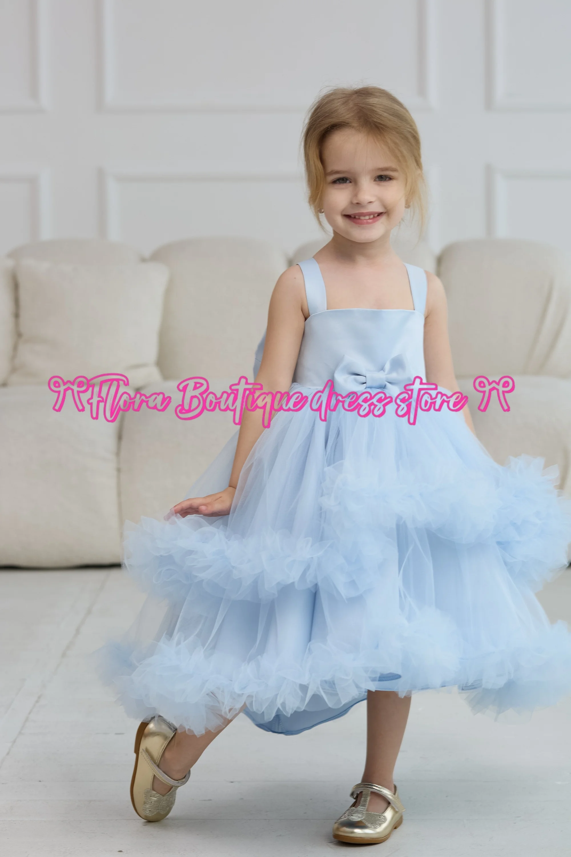 

Многослойное платье из атласной пряжи без рукавов и открытой спины, синий бант, милое мини-платье, платье с цветочным узором для девочек, подходящее для свадебных банкетов, дней рождения