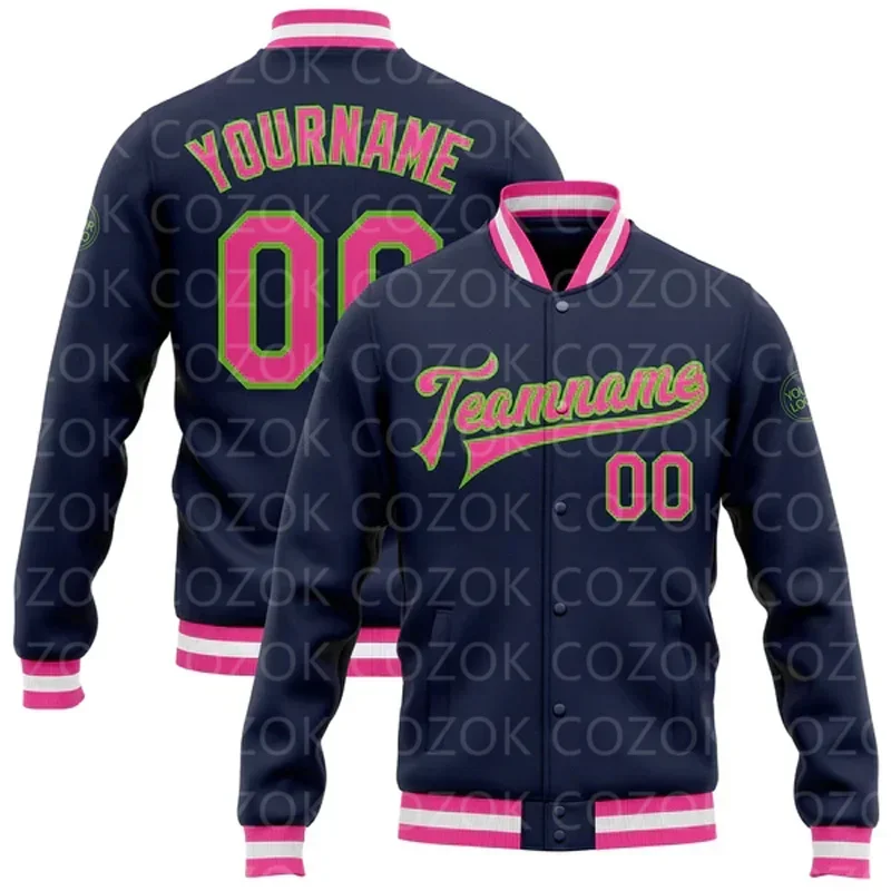 Custom Black Pink 3D Printed Baseball Button Jacket Bomber Full-Snap Varsity Letterman Jacket