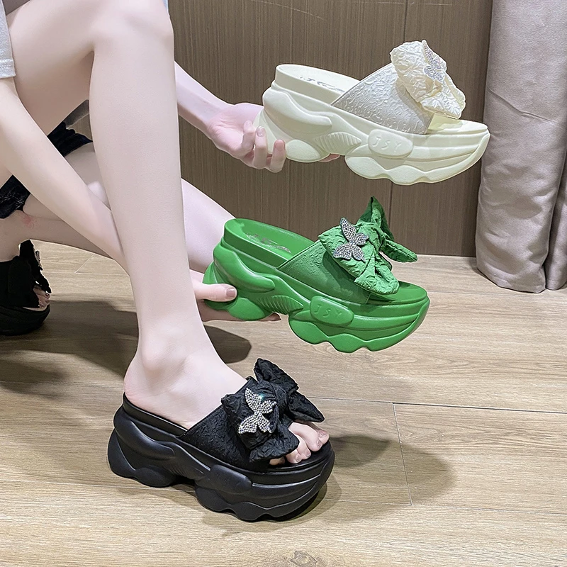 High Platform Slippers for Women Summer 2022 Fashion Bowknot Wedges Sandals Woman Outdoor Beach Thick Bottom Slides Green Shoes