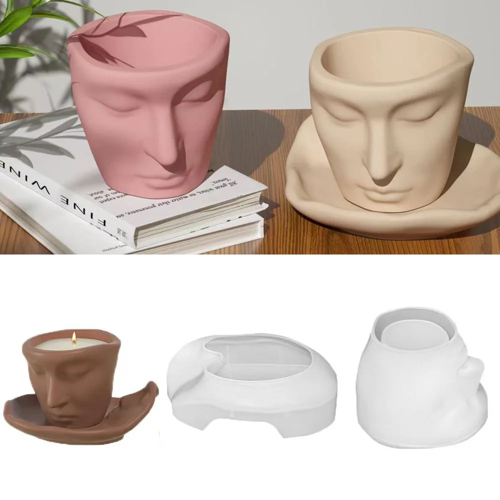 Human Face Succulent Flower Pot Gypsum Tray Molds DIY Silicone Molds for Resin Casting Candle Cup,3D Concrete Vessel Epoxy Mold