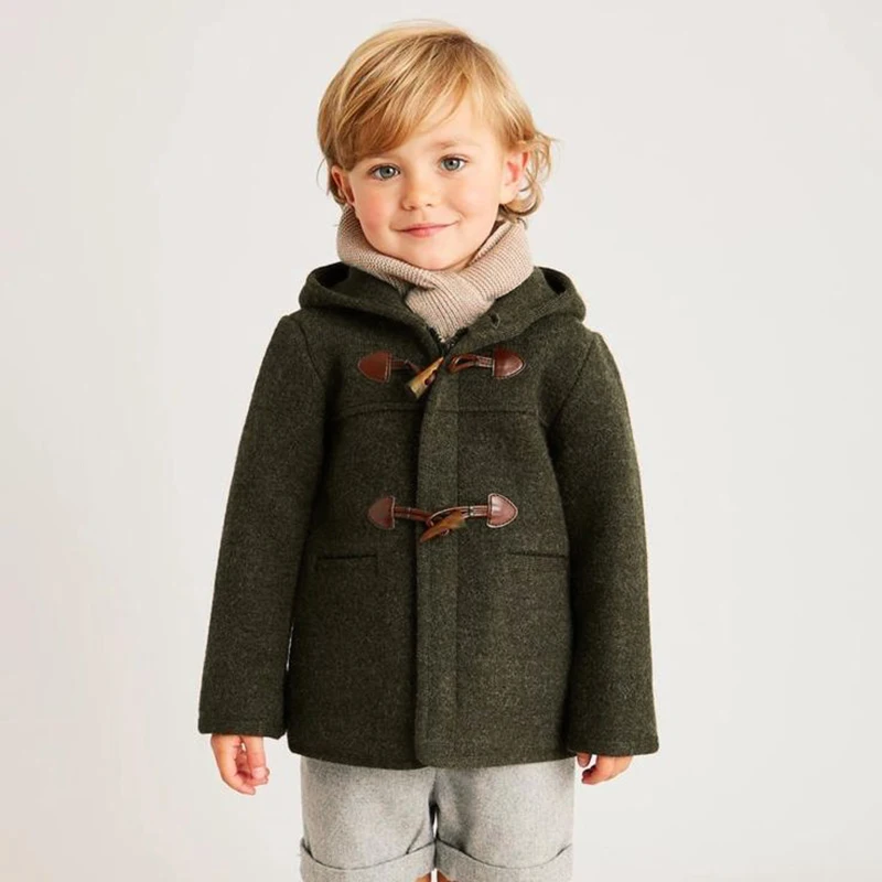 Boys Coat Woolen Winter Greenish Brown Hooded Jacket With Horn Buttons Warm Christmas Eid Clothing British Royal Style For 2T-8T