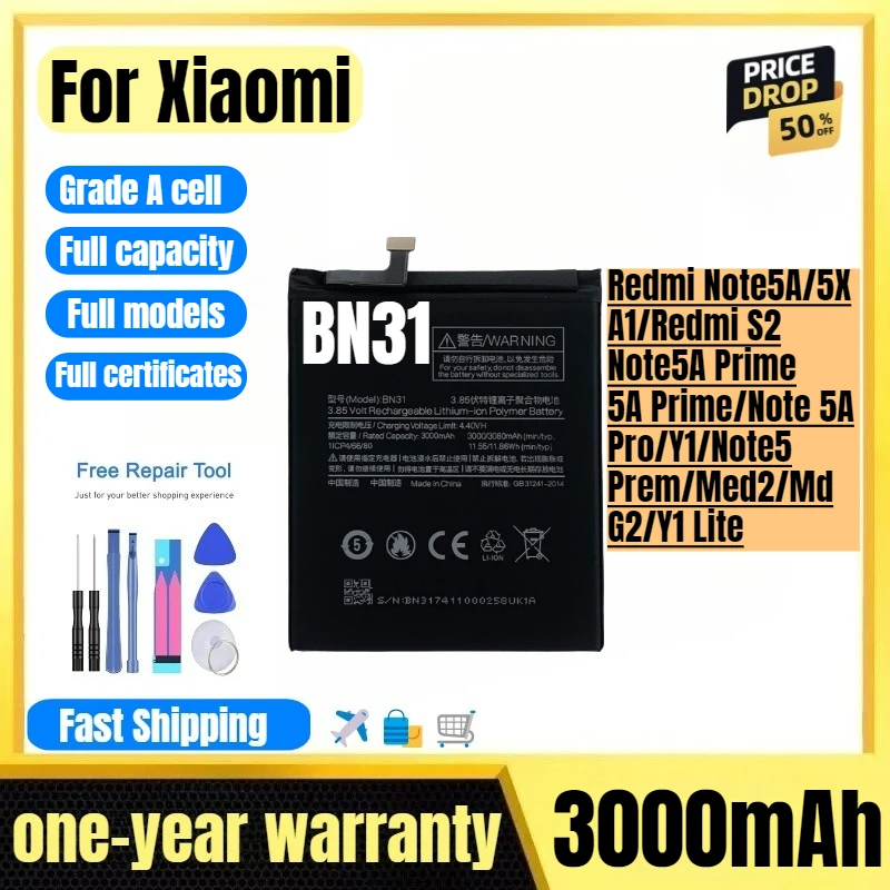 BN31 for Xiaomi Redmi Note5A/5X/A1/Redmi S2/Note5A Prime/5A Prime/Note 5A Pro/Y1/Note5 Prem/Med2/Md G2/Y1 Lite  Phone Battery