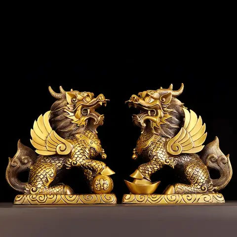 Feng Shui Copper Unicorn Ornamen Yuanbao Home Office Store Living Decorations