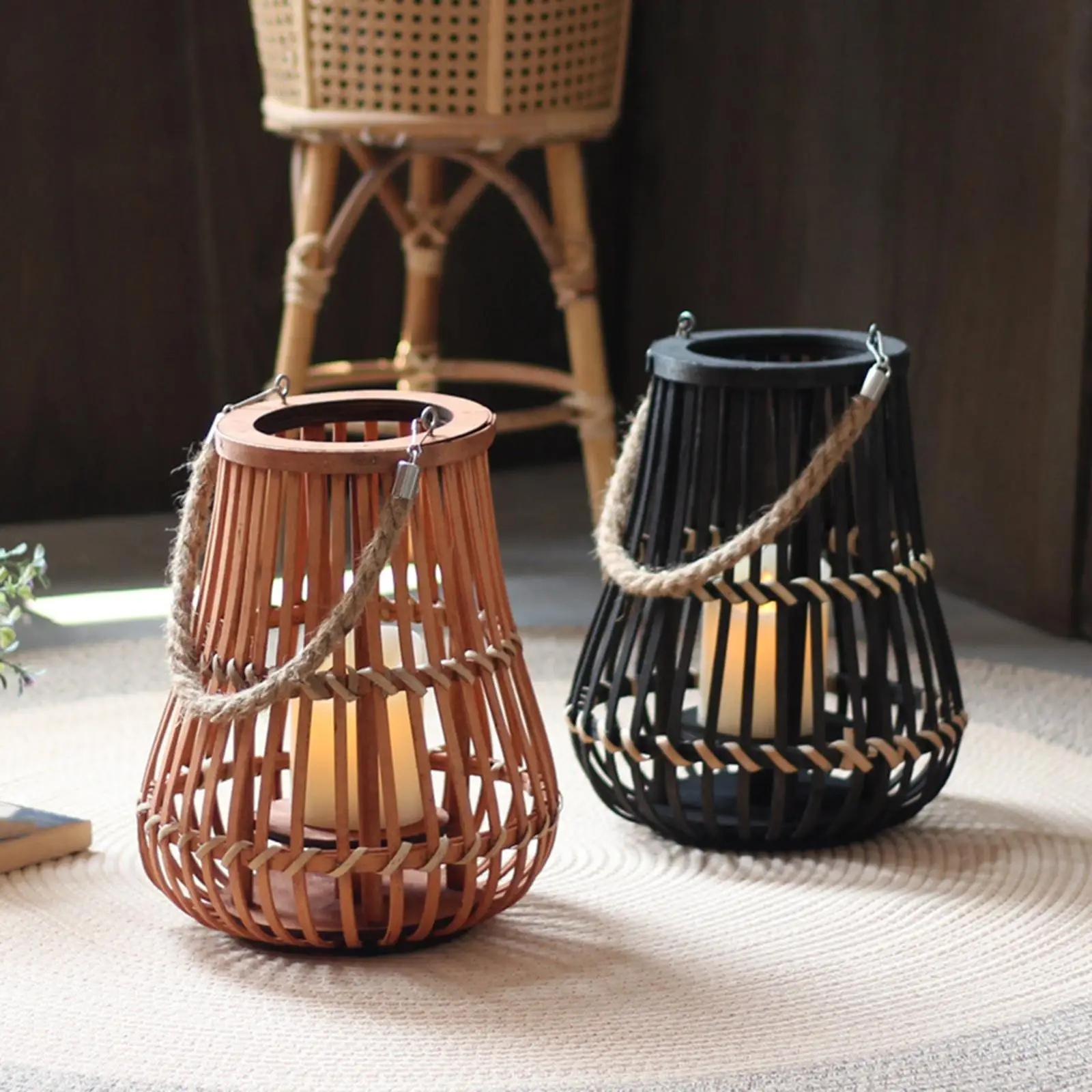 Lanterne à bougie en rotin vintage, décor de scène de mariage, conception de paysage, ornements décoratifs, déterminer la lampe à vent, bureau ci-après, chandelier