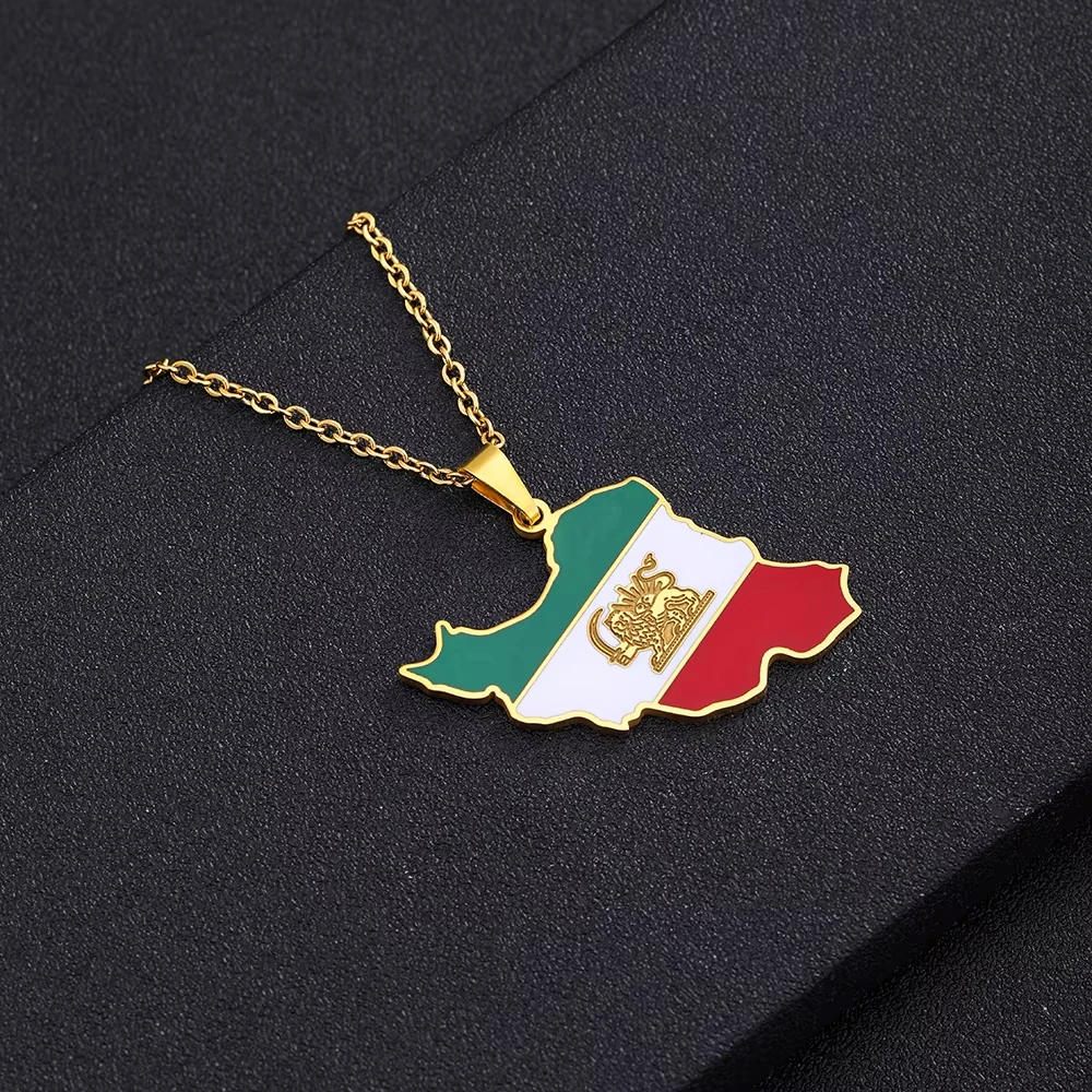 Fashion Enamel Iran Map Flag Pendant Necklaces Iranian Stainless Steel Jewelry for Women Men Girls Party Birthday Charm Gifts