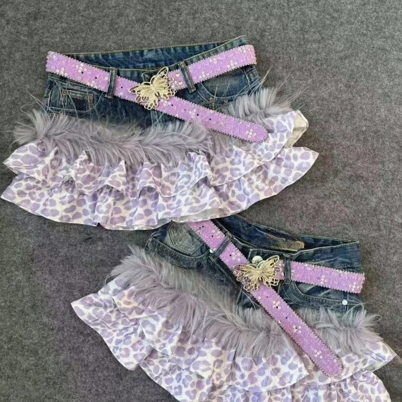Vintage Y2K Purple Leopard Denim Skirt Ins Elegant Music Festival Patchwork Skirts Abby Spicy Girl Retro Style Clothing 2026 New