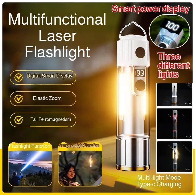 Usb Portable Multifunctional Outdoor Camping Flashlight Strong Light Long Shot Zoom Ambient Light Three Lighting Options