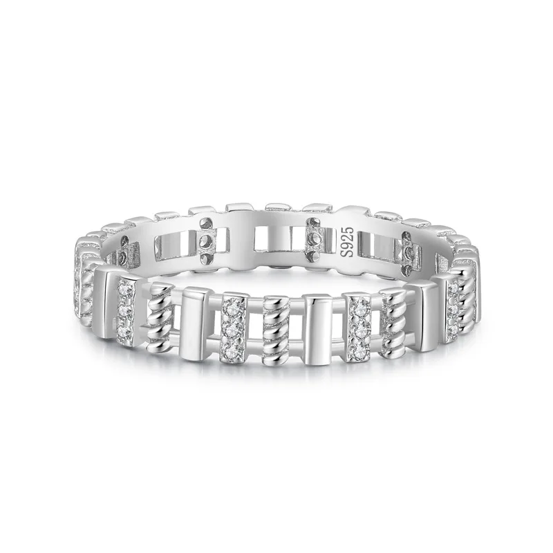 

S925 Silver Rhodium Plated Female Trendy Retro Index Finger Ring with Zircons