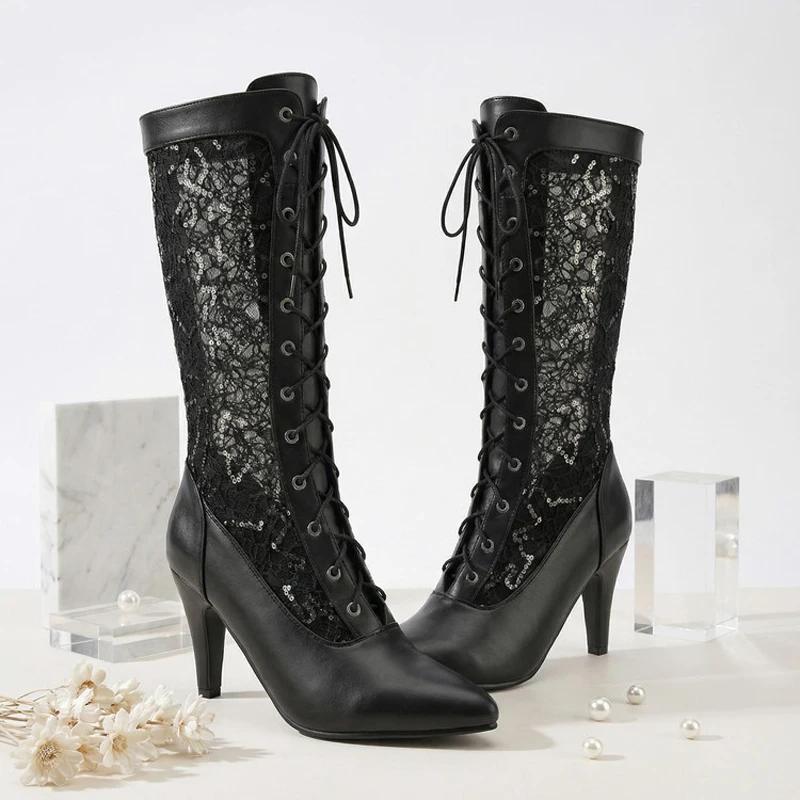 Summer Knee High Boots Women Lace Sequin High Heel Long Boot Pointed Toe Glitter Ladies Shoes Sandals Boots for Women WSH5661