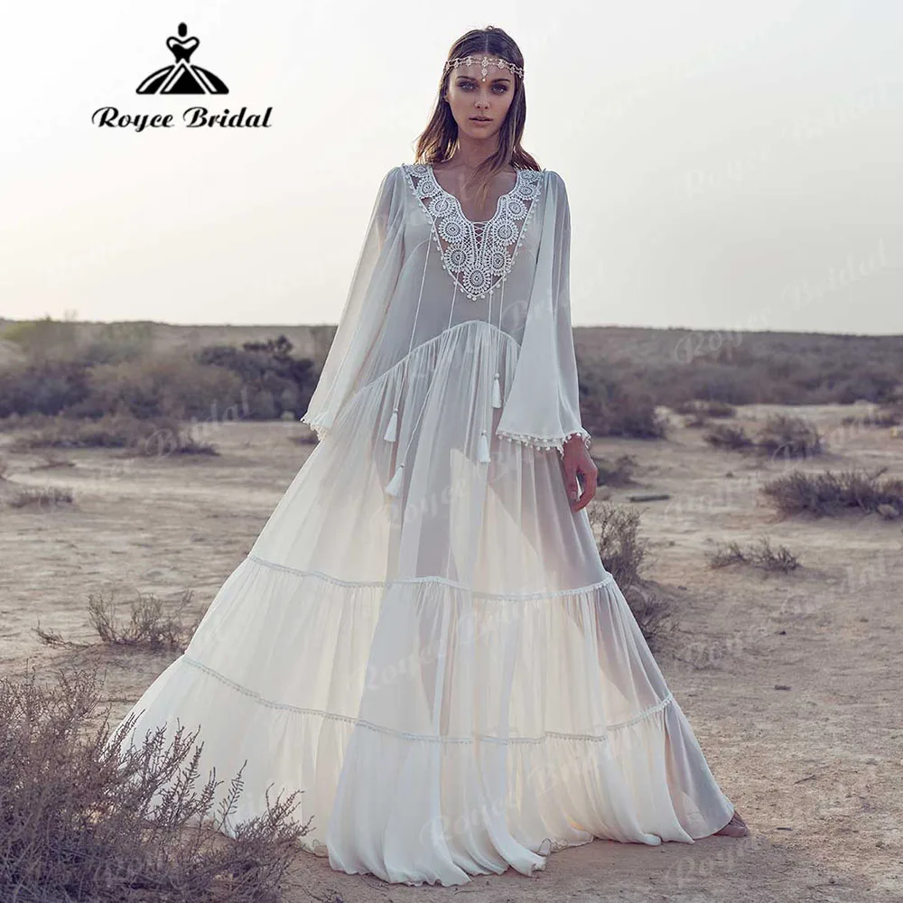 Vintage Countryside Long Sleeve Bohemian Chiffon Lace Flowy V Neck Wedding Dress for Women 2024 Bridal Gown vestidos novias boda