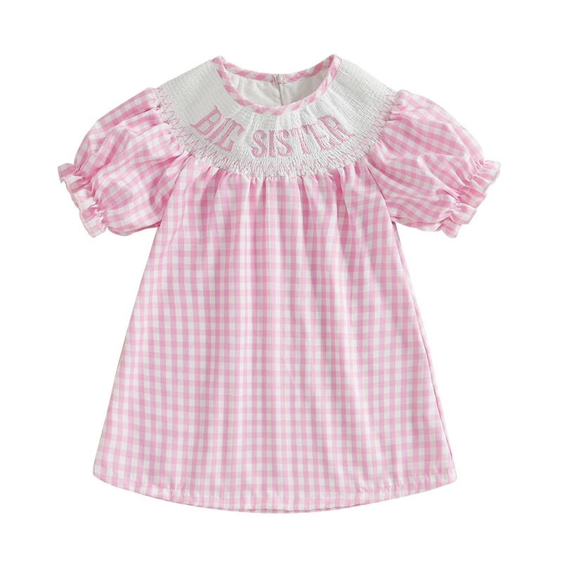 

Little Girls Summer Princess Dress Short Sleeve Letter Embroidery A-line Plaid Dresses