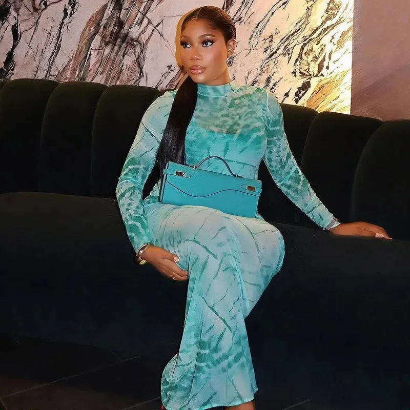 

Women's Gauze Spliced Turtleneck Long Sleeve Pleated Waistband Hips Wrapped Long Dress