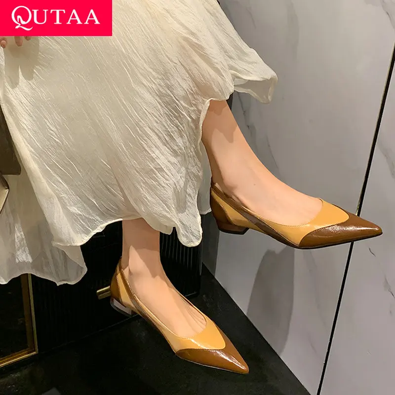 

QUTAA 2023 Women Pumps Concise Fashion Mixed Colors Genuine Leather Pointed Toe Low Heels Shoes Woman Spring Summer Size 34-39