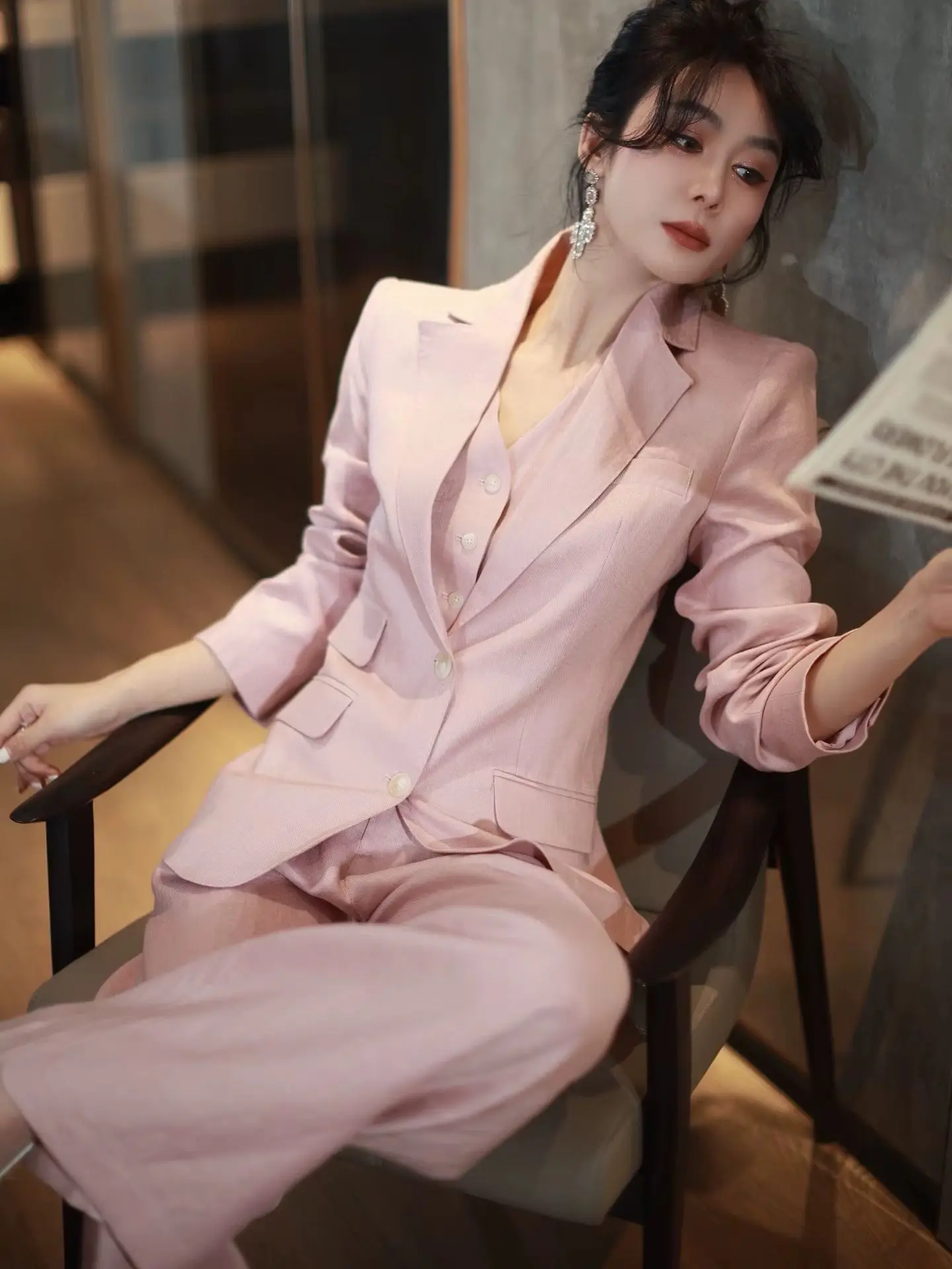 Imported luxurious solid color linen silk suit