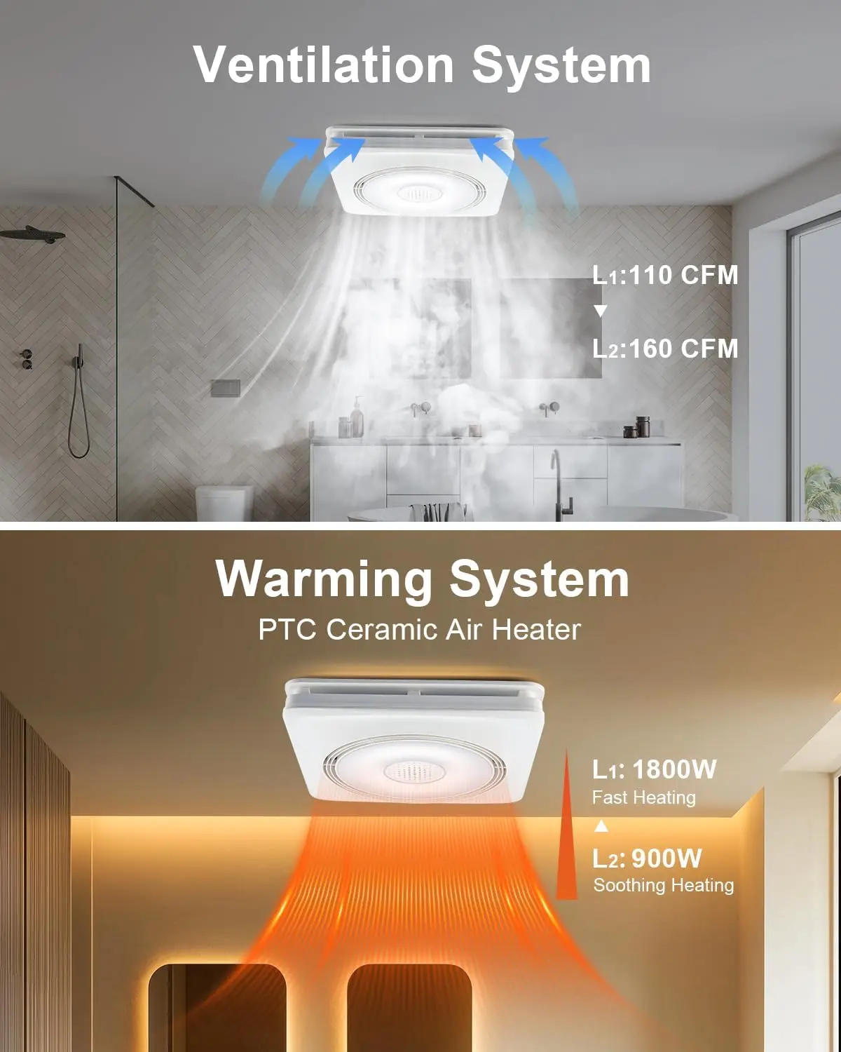 Bathroom Exhaust Fan with Light and Heater, 110/160 CFM 1.0 Sone Bathroom Exhaust Fan with Bluetooth Speaker, Exhaust Fan with L