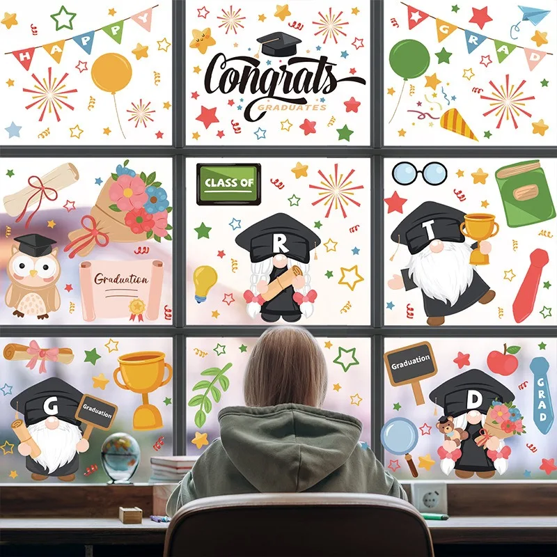 Graduation Season Wall Stickers Cartoon Gnome Window Decals Static Cling Living Room Bedroom Decor Removable Funny