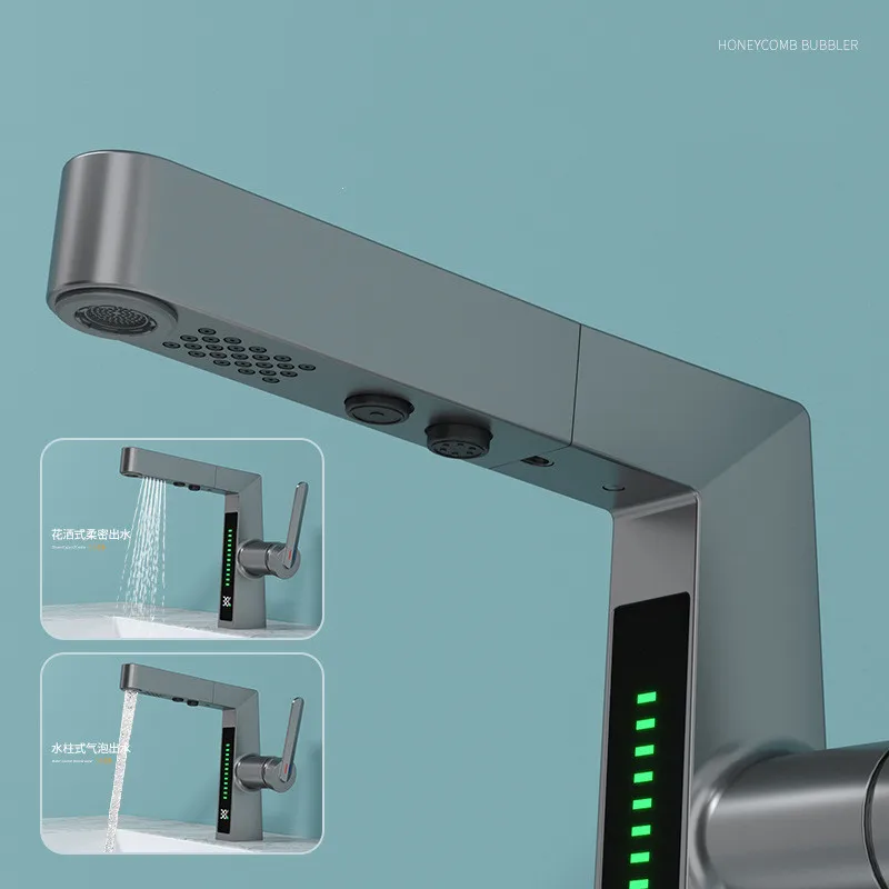 Basin Faucet Digital Display Hot and Cold Sink Tap Single Lever Pull Out Gray Brass Bathroom Water Mixer New Arrival