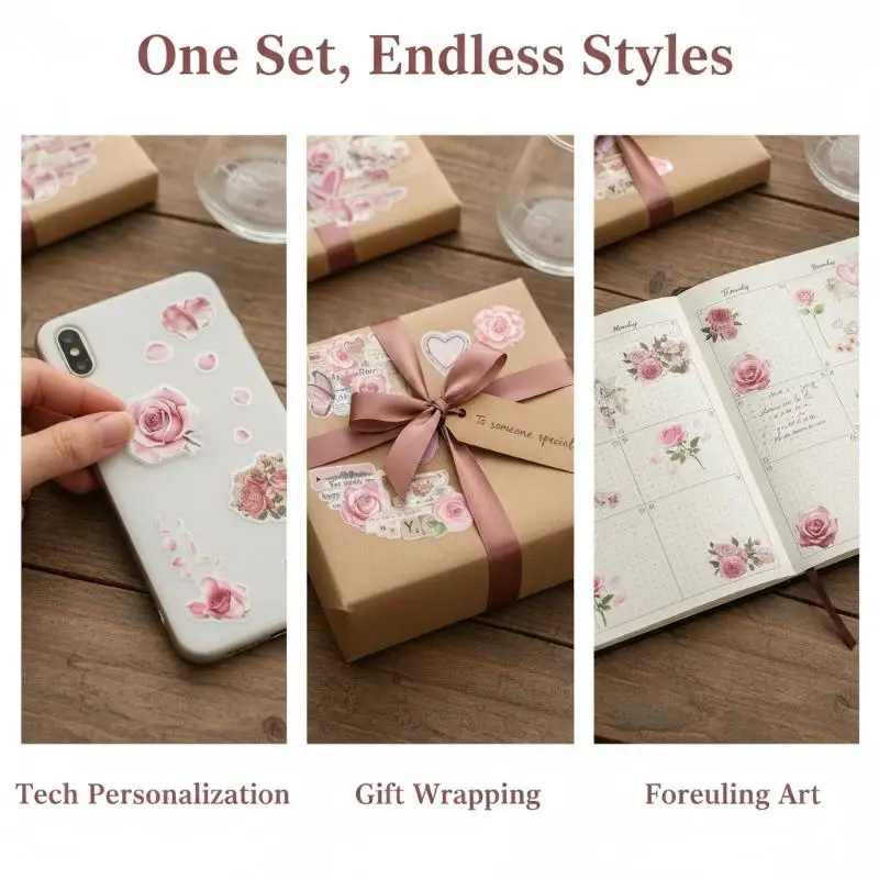 50 Pcs Vintage Rose & Love PVC Graffiti Stickers Retro Style Unique Decorative Journal Labels Handmade Art Supplies