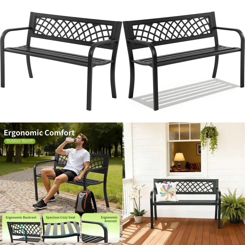

Mesh Back Patio Bench: Steel Frame with Plastic Armrests for Outdoor Spaces in Black