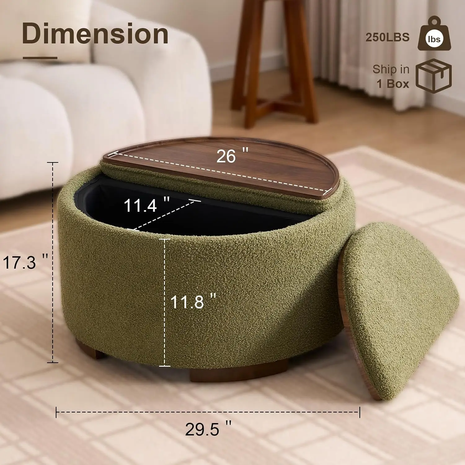 29.5 Inch Round Storage Ottoman Coffee Table, Dual Reversible Lids, Customized