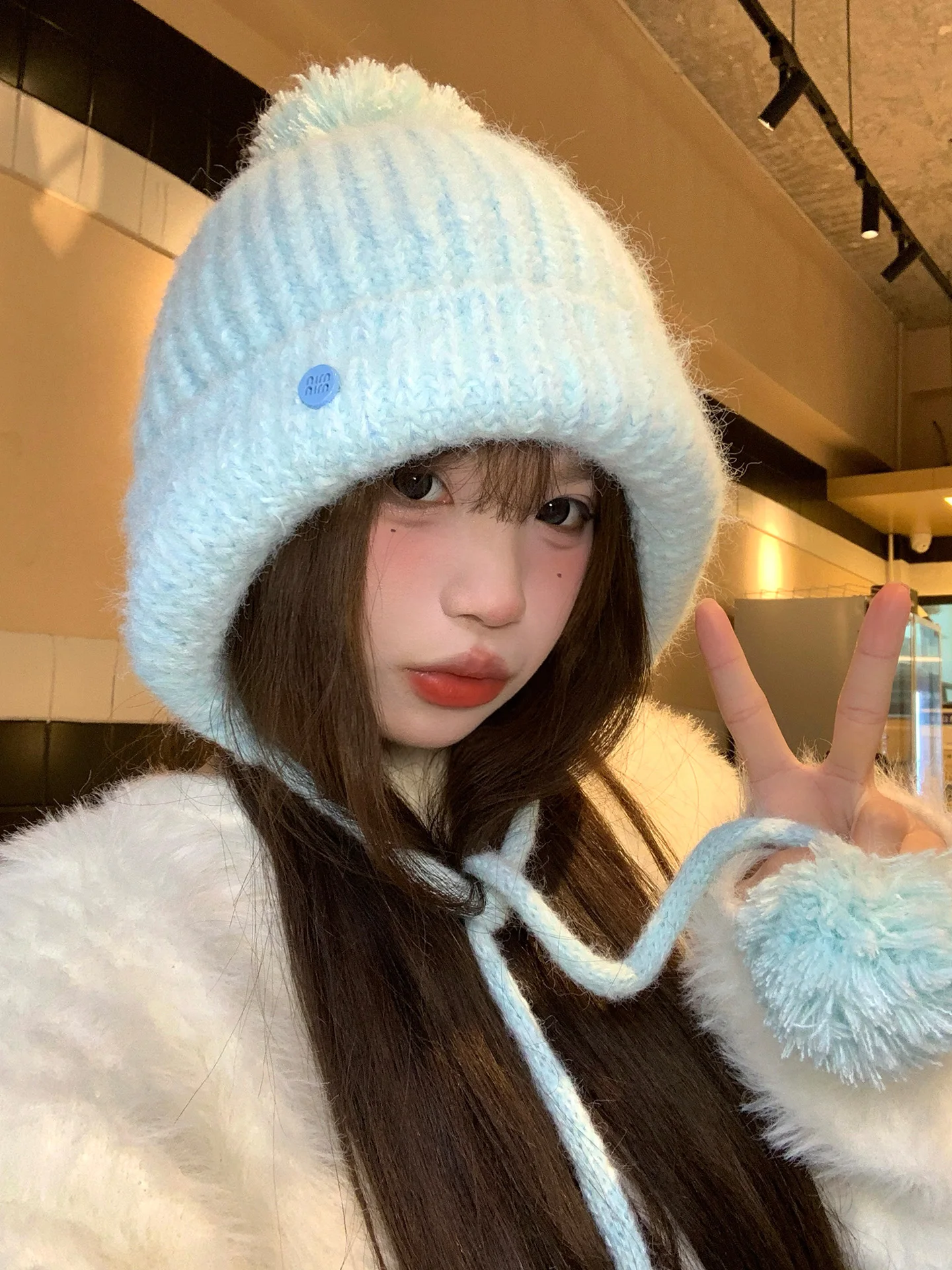 Thick Knitted Blue Furry Ball Hat Women's Winter Warm Ear Protection Cap Large Head Size Adjustable Casual Style Non-Regulable