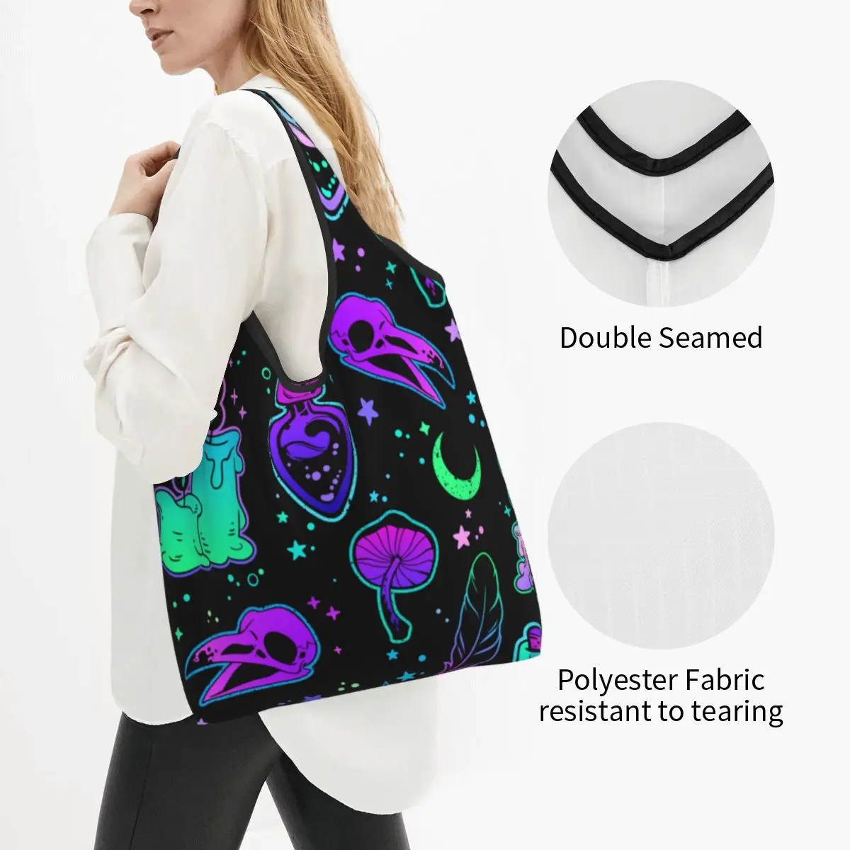 Reusable Psychedelic Mystical On Witchcraft Theme Shopping Bag for Groceries Foldable Grocery Bags Washable Large Tote Bags