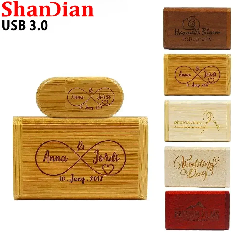 SHANDIAN USB 3.0 Wooden Box Pen Drive Free Custom Logo USB Flash Drive Bamboo Pendrive Wedding Gift Memory Stick 128GB 32GB 64GB