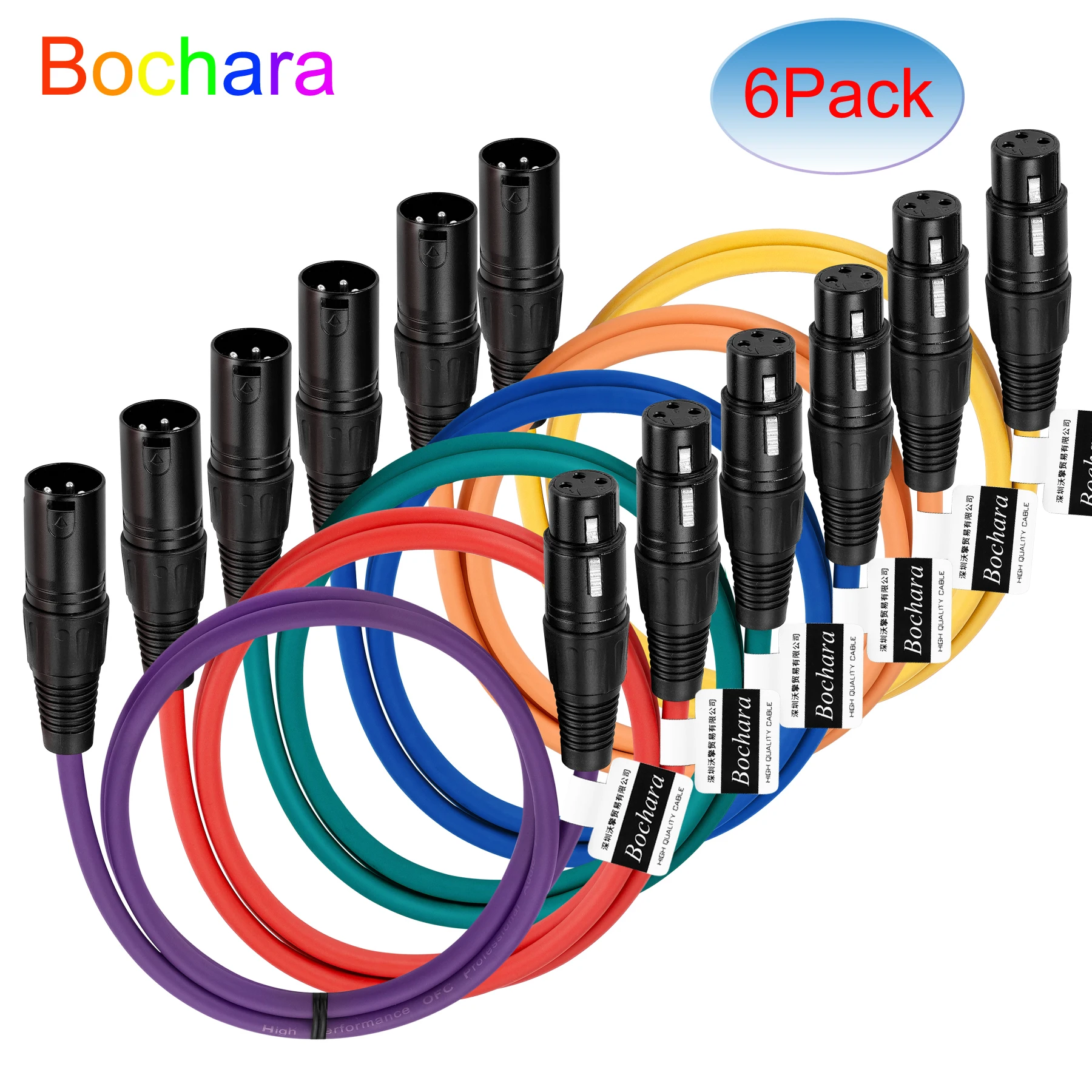 Bochara Colourful XLR Extension Cable Male to Female OFC Copper Dual Shielded For Mic Mixer Amplifier Stage light 6pcs Pack