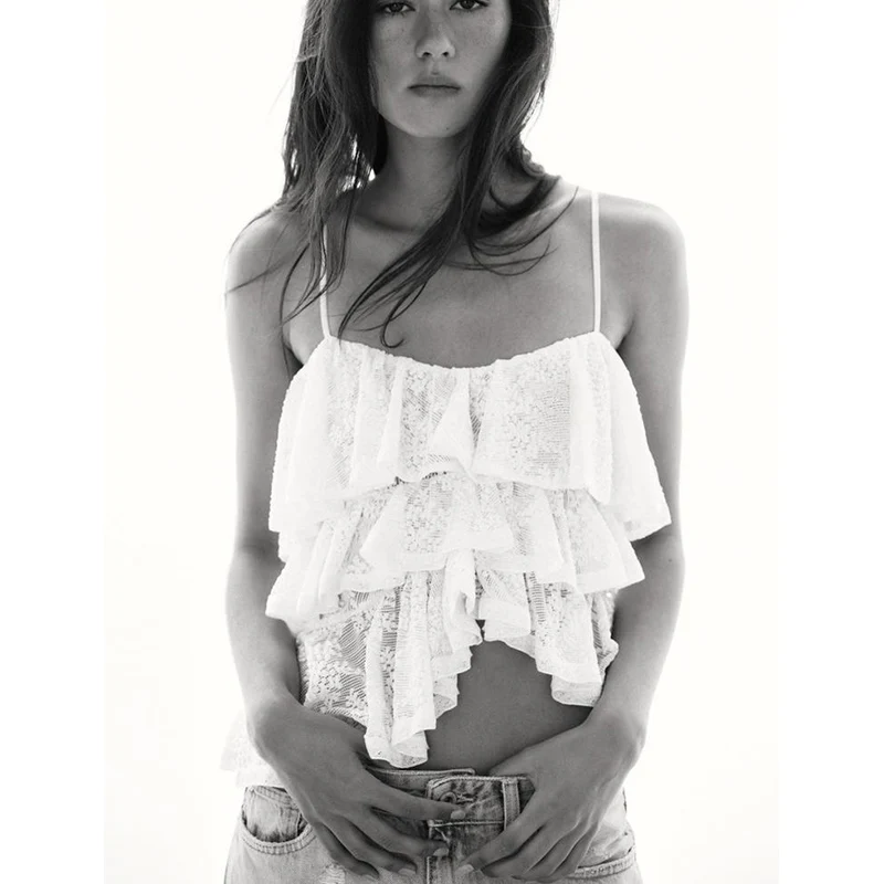 Été nouveau doux asymétrique dentelle garniture sangle décorative ronde Ne gilet conception originale coupe ajustée ort longueur fibre de Polyester